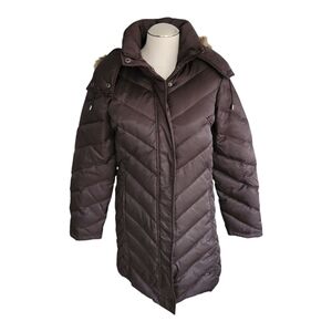 Kenneth Cole Reaction Brown Puffer Coat Women’s Small Hooded Long Jacket